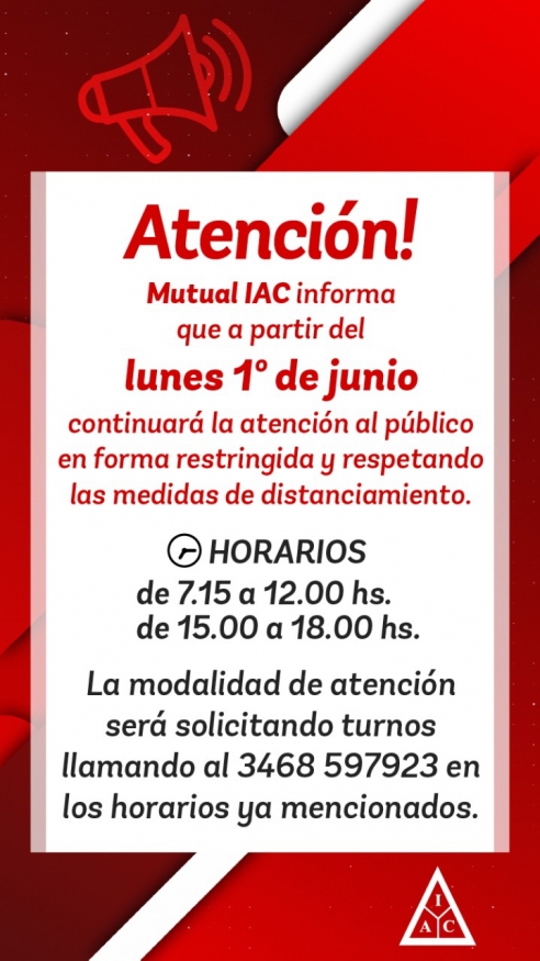 MUTUAL IAC: NUEVOS HORARIOS DE ATENCIÓN - 01/07/20