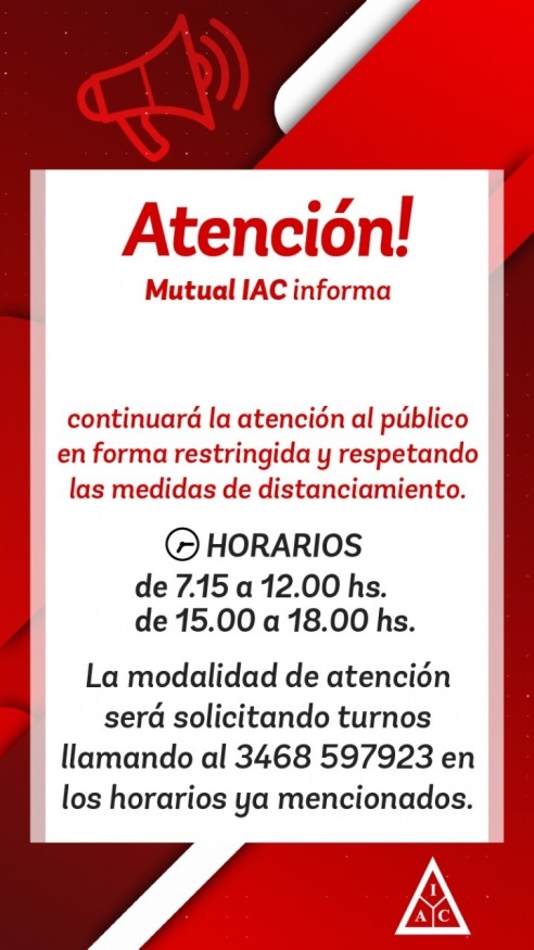 MUTUAL IAC: NUEVOS HORARIOS DE ATENCIÓN - 01/08/20